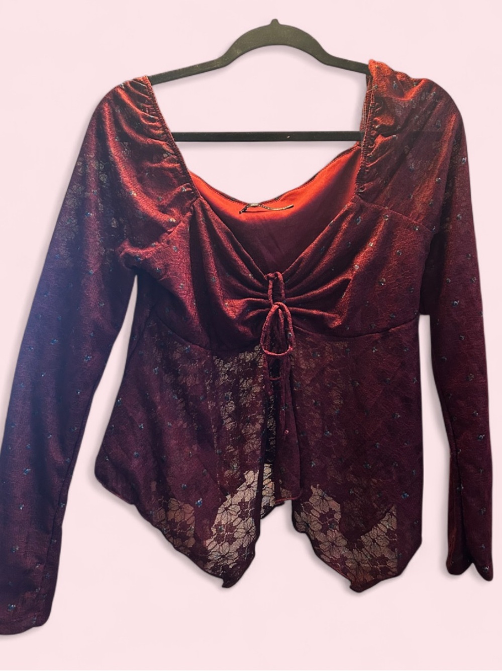 Heart Hips NWT Burgundy Lace Fairy Top XL Sheer Sleeves Tie Front Y2K Boho